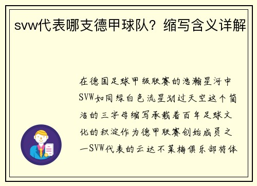 svw代表哪支德甲球队？缩写含义详解