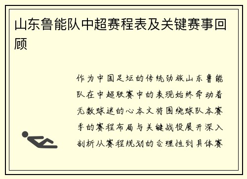 山东鲁能队中超赛程表及关键赛事回顾